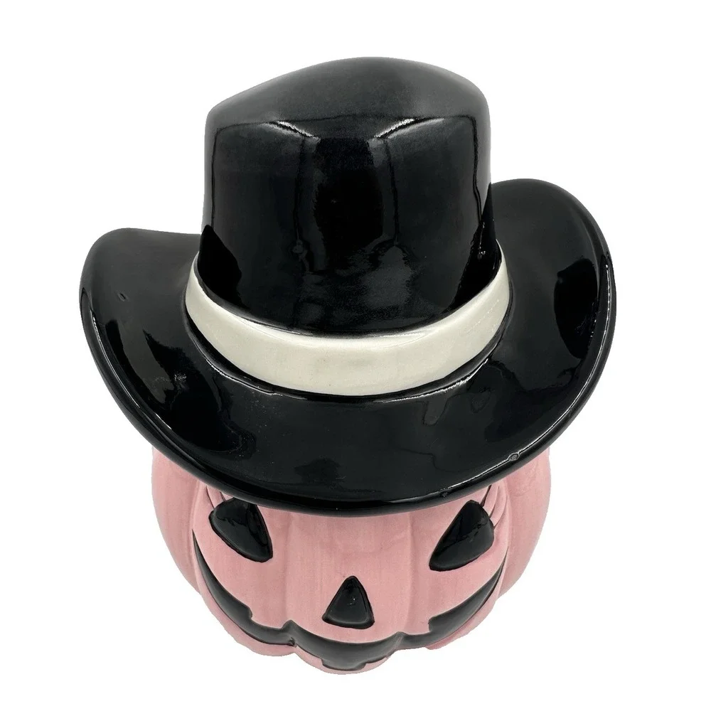 Pink Pumpkin Cowboy Hat Cookie Jar Ceramic Halloween Decor Pinkoween
